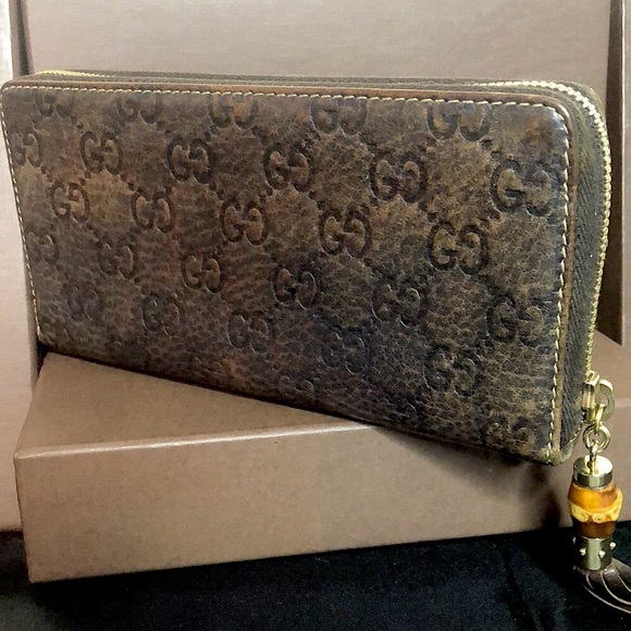 GUCCI Guccissima Brown Leather GG Continental Wallet W/ Bamboo Zipper Pull - Picture 4 of 17